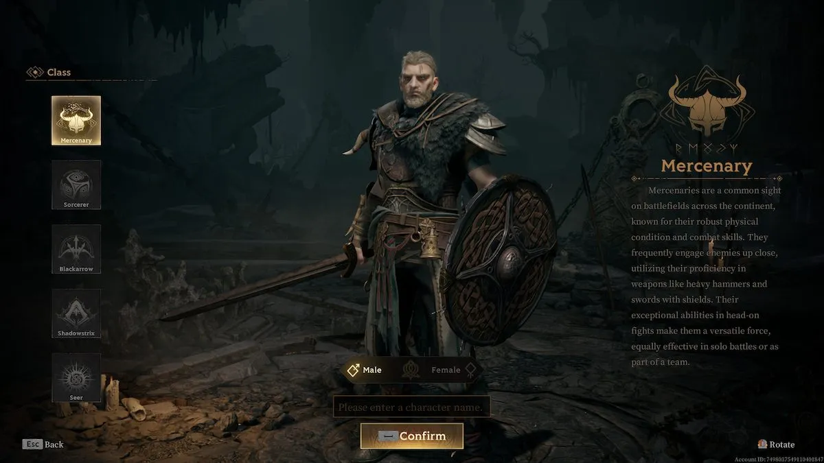 Mercenary class in Mistfall Hunter (sword-and-shield)
