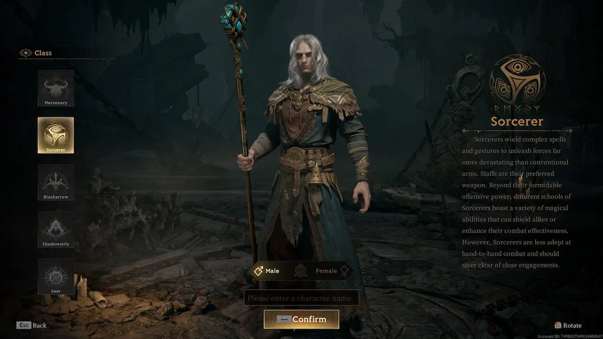 Sorcerer class casting magic in Mistfall Hunter